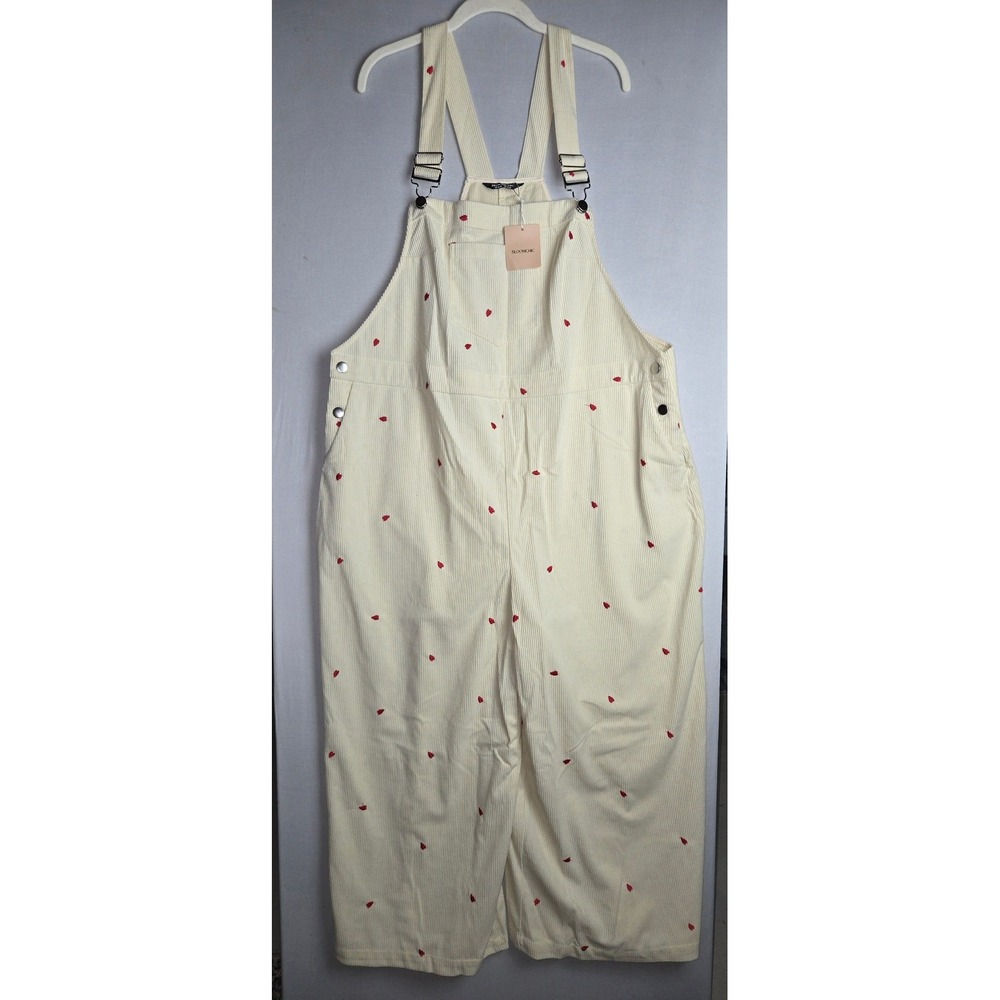 Bloomchic Womens Plus Size 18-20 Cream Corduroy Heart Embroidered Overalls NWT